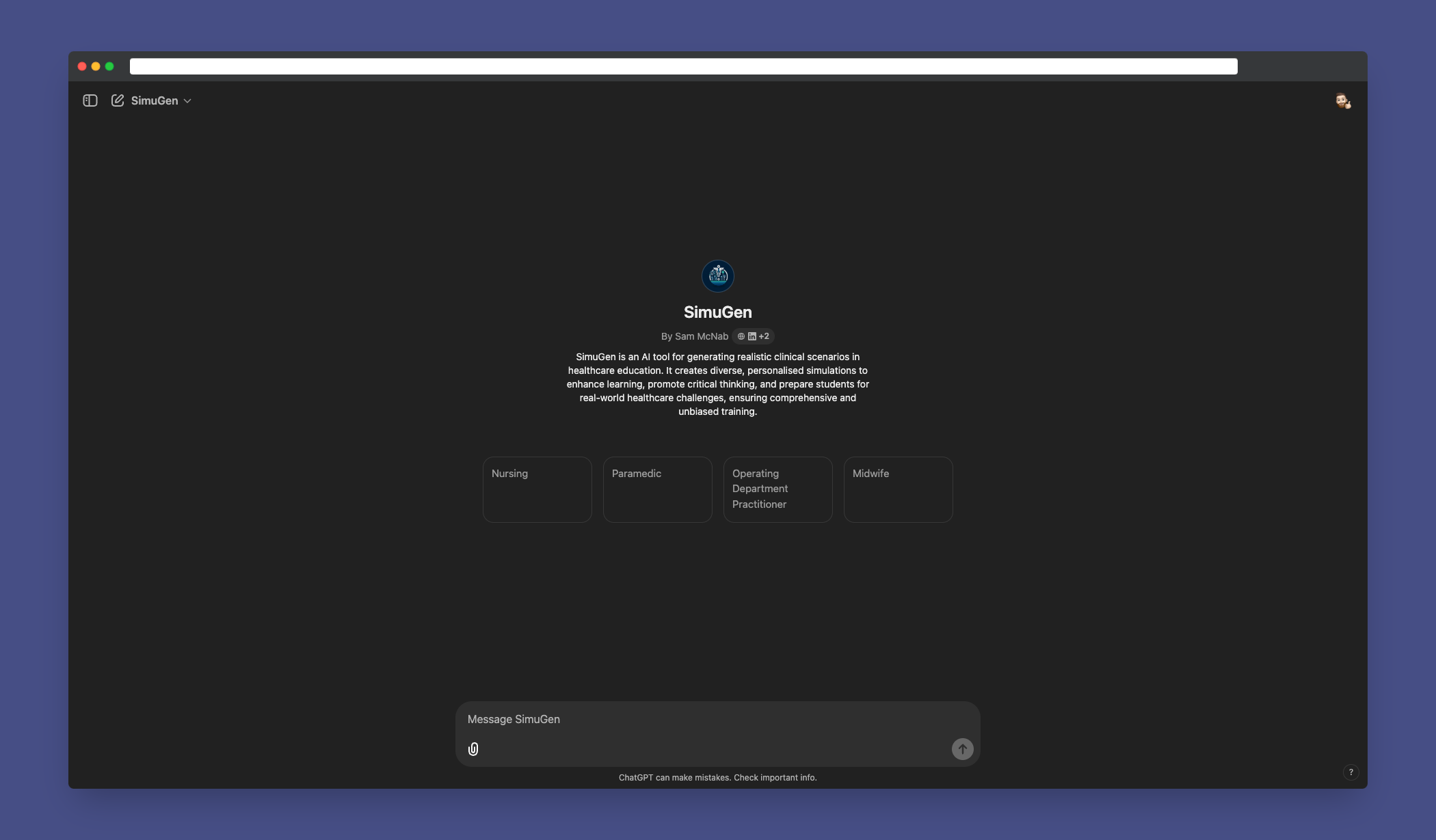 SimuGen interface screenshot showing realistic healthcare scenario generation